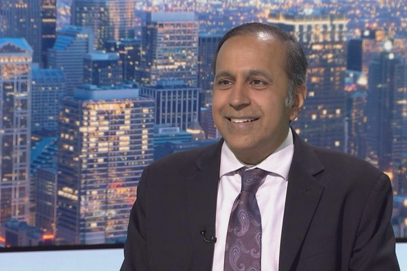 U.S. Rep Raja Krishnamoorthi on the set of Chicago Tonight at WTTW studios