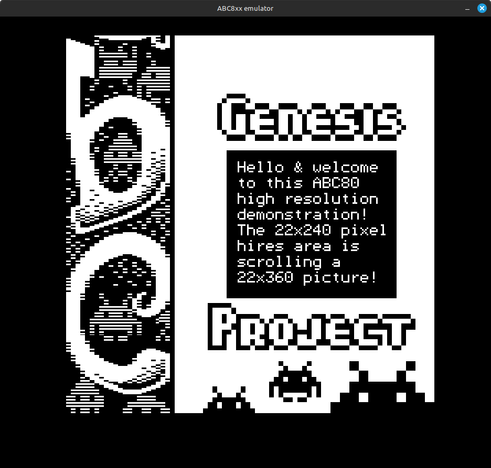 Screenshot of the demo Hires Invasion by Genesis Project running in an emulator. The left third of the screen displays graphics with higher vertical resolution than possible without software tricks.