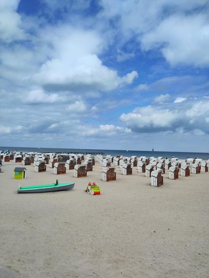 Strandkörbe, ein grünes Boot, Wolken am Himmel, Meer