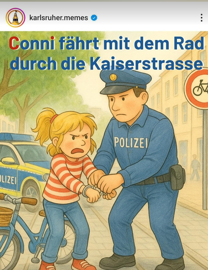 Conni wird von einem Polizisten in Handschellen gelegt. Die Bildüberschrift lautet Conni fährt mit dem Rad durch die Kaiserstraße, dahinter stehen Connis Rad und ein Polizeiauto.