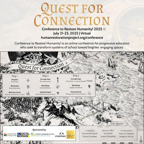 Promotion for CTRH! 2025 (Quest for Connection) | July 21-23, Virtual  “Conference to Restore Humanity! is an online conference for progressive educators who seek to transform systems of school toward brighter, engaging spaces.” An image of a fantasy map shows a journey from land to sea through a variety of conference-style activities.