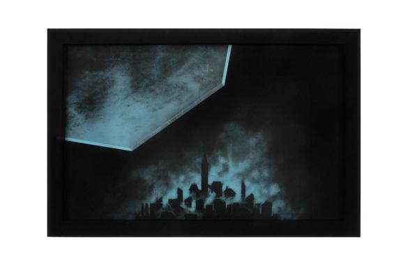A black and blue drawing depicting a small village in the night surrounded by a sort of brutalist wall with only the light coming from above