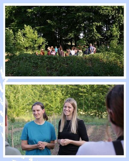 2 Fotos von Menschen hinter Hecken und vor Beeten.