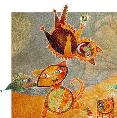 Graphite and colored pencil drawing in oranges, blues and greens. Abstracted fish, cats and other creatures dance and play together.