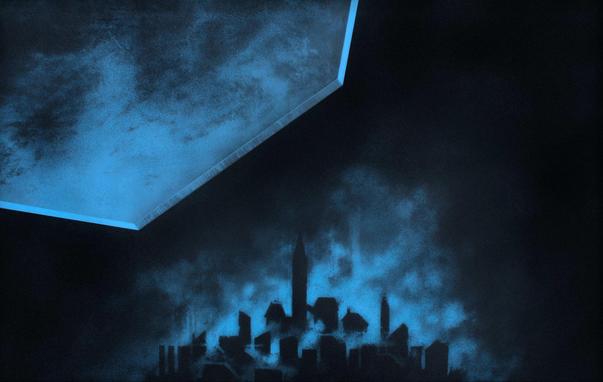A black and blue drawing depicting a small village in the night surrounded by a sort of brutalist wall with only the light coming from above