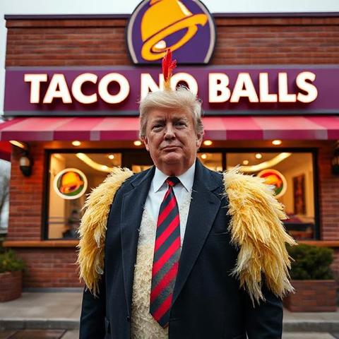 AI image: Donald Trump is wearing a silly chicken costume. He stands in front of a restaurant that is a parody of Taco Bell called "TACO NO BALLS"