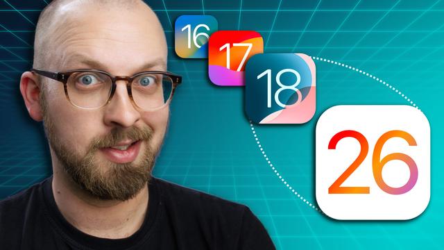 Thumbnail image showing logos of ios 16, 17, 18 and then with a big jump, ios 26