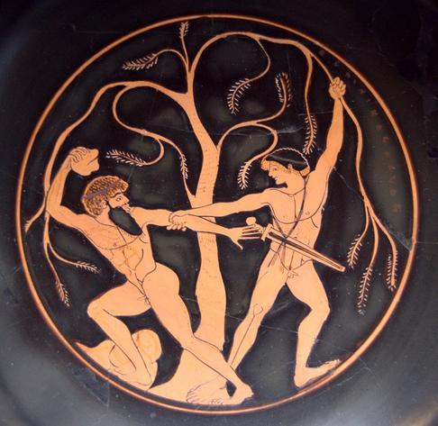Theseus grabs Sinis to tie him to a pine tree. The image is a red-figure kylix from Attica, Greece (490–480 BC).
