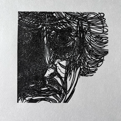 Monochrome print in square format of a face cut through with swirling lines and dots.  Light falls heavily upon one side of the face.  The face is cropped at the brow, the bottom of the chin and through one eye.