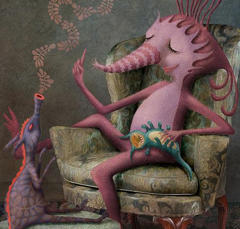 Seated comfortably on an antique chair with one leg swung over the arm, a pale magenta monster, with a long striped trunk, gives singing lessons to her favorite pet and pupil - a blue dragon-like creature with orange highlights. Out of its whistling mouth, leaf-like notes of song flow. On the large monsters lap, being tickled, another favorite pet. This little guy is a teal pattered, eight-legged critter, with an orange and gold face and belly. It is giggling wildly.  NOTE: This description created especially for my lovely blind friend, Georgiana. :-)