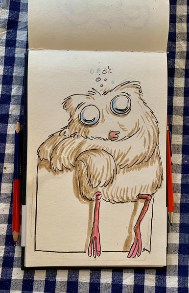 A whimsical drawing of a fluffy creature resembling an owl, with large blue eyes and a slightly puzzled expression. It has pink legs and is perched with its hands resting, surrounded by light blue bubbles.