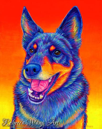 A colorful portrait of a blue heeler Australian Cattle Dog in bright rainbow colors with a sunset background.