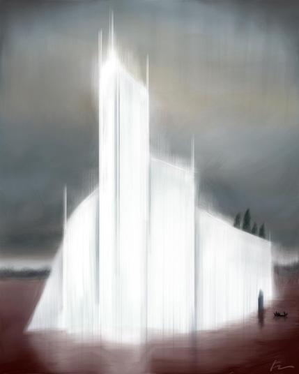 Digital painting of a gleaming white fortress surrounded by a crimson sea. A small boat is approaching an open gate at the side of the fortress.