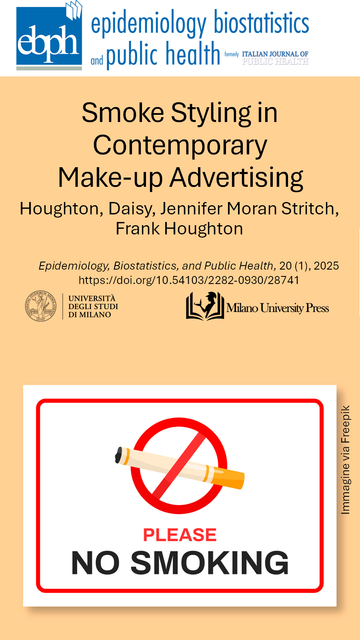 Immagine: Please no smoking.
Articolo:
Houghton, Daisy, Jennifer Moran Stritch, and Frank Houghton. 2025. “Smoke Styling in Contemporary Make-up Advertising”. Epidemiology, Biostatistics, and Public Health 20 (1). https://doi.org/10.54103/2282-0930/28741.