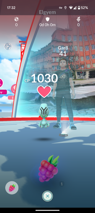 A Pokémon that looks like an alien called "Elgyem", in a Pokémon Go "Gym".