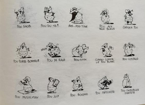 Une page de l'ouvrage avec toute une série de poux sur 3 lignes, dont le pou snob, le pou de rage, le pou bouddha...
