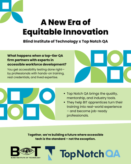 A digital flyer with abstract shapes promotes a partnership between Blind Institute of Technology and Top Notch QA, focusing on accessible workforce development and tech training for people with disabilities. Logos of both organizations appear at the bottom.