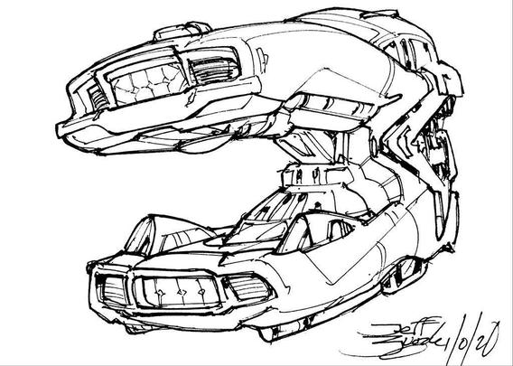 Black and white line art sketch of an imaginative sci fi spaceship. Each one is very different.