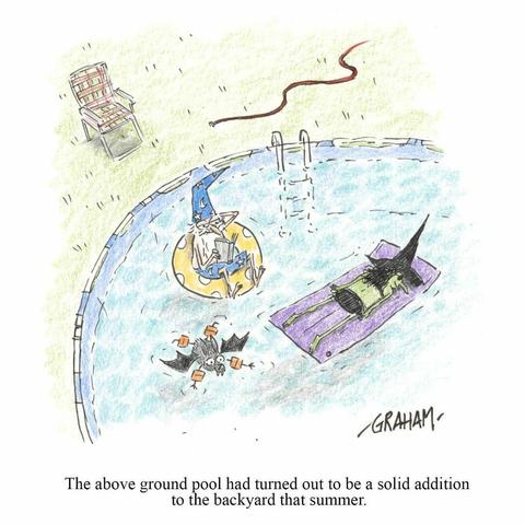 A cartoon illustration of a wizard, witch, and their pet bat creature enjoying a backyard pool. Caption reads "The above ground pool had turned out to be a solid addition the backyard that summer."
