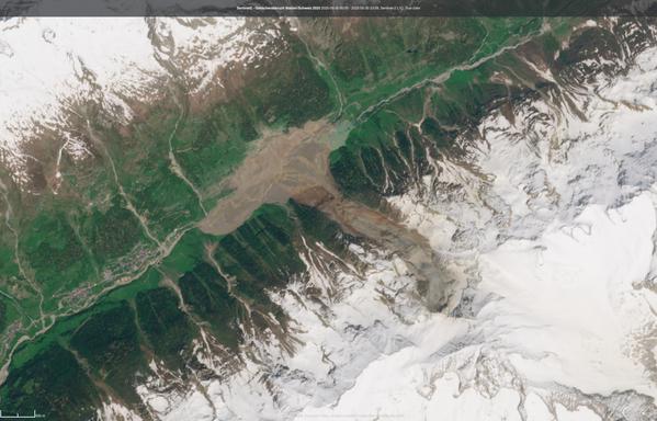 Satellite image from the Sentinel-2 satellite.

Taken on 30.05.2025 You can see Blatten in Switzerland and the surrounding area after the glacier collapse