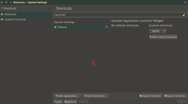 KDE Plasma System Settings showing shortcuts for Plasma Application Launcher.