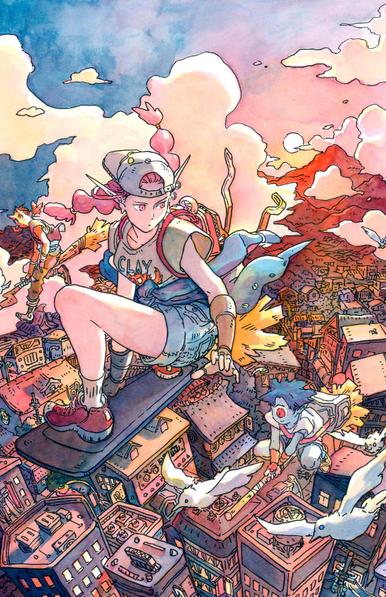 a detailed drawing of the artist's Summoners Club flying on their brooms among the birds high above a city; Hennie is featured here, riding a broom with a large flat handle styled like a skateboard; she's standing on top, squatted down to hold onto the board with her hand (an Indy grab); her pink braids are fluttering out from behind her backwards cap and elf ears