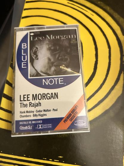Front cover of a cassette, The Rajah by Lee Morgan. Classic Blue Note design, blue and white, with the original monochrome LP cover featuring close up of Lee top right.