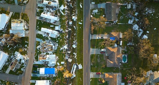 An aerial photo of the destruction left by Hurricane Ian in Florida.