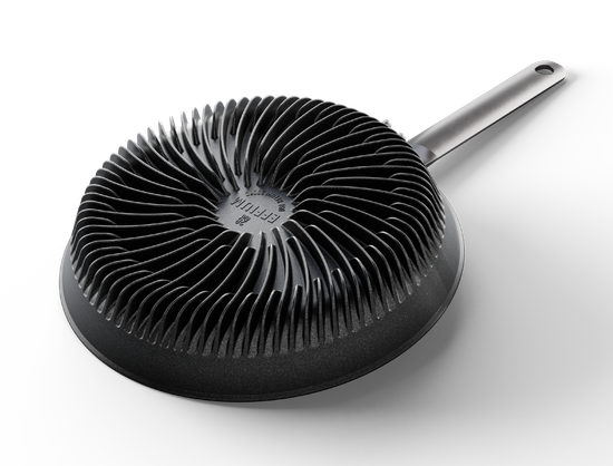 Foto: de Effium pan. Deze koekenpan kookt zo snel dat hij het gasverbruik met minimaal de helft vermindert.
