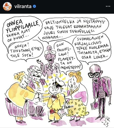 A cartoon depicts a graduation celebration with multiple characters expressing mixed emotions. One character, dressed in a graduation outfit, is surrounded by adults offering contrasting messages about challenges like debt and environmental concerns. Dialogue bubbles include congratulatory messages alongside worries about the future and literacy.