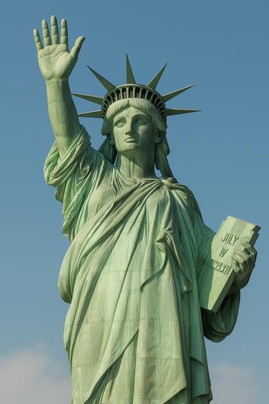 Statue of Liberty with torch replaced by hand held up