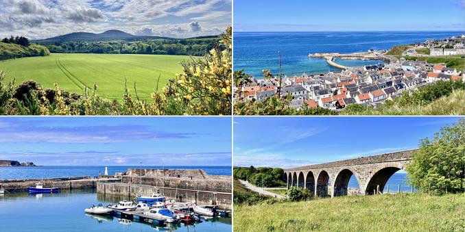 Four photo collage, bright, early summer day, deep blue skies, some white clouds, deep blue sea. Top left: yellow gorse surrounding bright green crops in field, broadleaf trees in a row, blue hill in background. Top right: looking over whitewashed cottages with terracotta and grey rooftops to a Mediterranean blue sea, beige harbour walls surround a small harbour. Bottom right: green grass, green broadleaf trees and grey stone viaduct, eight arches to be seen. Bottom left: colourful small boats , blue, white, red, in a small grey stone-walled harbour, leading to deep blue sea, a glimpse of cliffs to the left of the image.