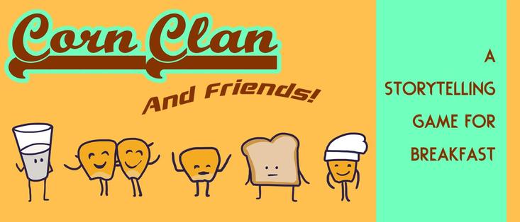A banner for the asset pack Corn Clan and friends. it shows a few of the included characters on a plain yellow background: a milk glass, four corn kernels, and a slice of toast (which has a "meh" expression), and a sidebar saying "a free asset pack of 20 kawaii characters"