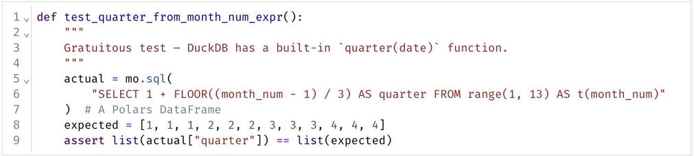 A screenshot of a marimo notebook cell that defines a pytest-discoverable test function.