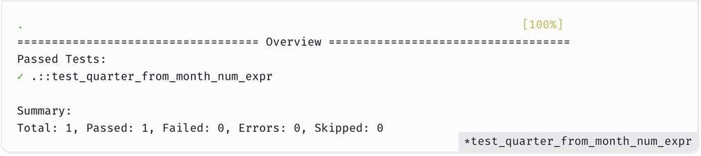 Screenshot of the output from the test cell, showing typical pytest output.