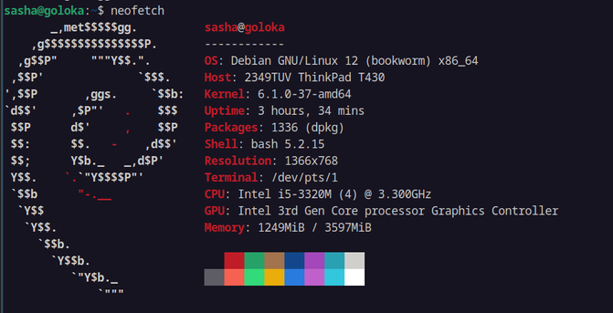 neofetch shows debian 12 on thinkpad T430