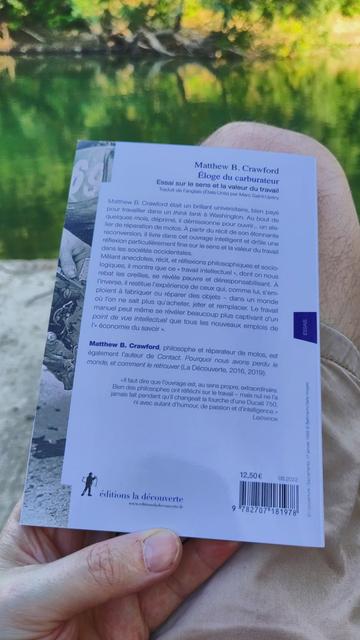 Quatrième de couverture du livre "Éloge du carburateur.  Essai sur le sens et la valeur du travail" de Matthew B. Crawford.