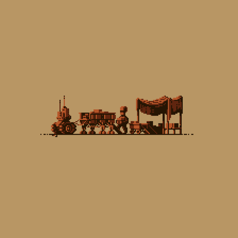 From left to right a land drone on threads attached to a large cart with robotic legs, a person wearing a weird hat loading a box to the big cart, a small cart on wheels with boxes and a tent like structure with boxes inside.