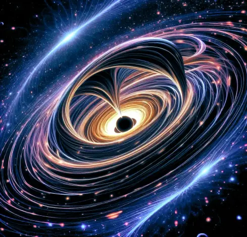 generata AI fusione di buchi neri, onde gravitazionali e teoria delle stringhe