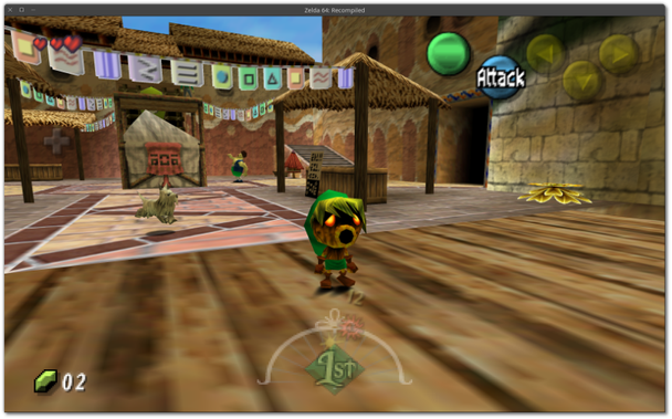 🕶️ A view of the game (on PC Linux) in 3D after about 20min, as Link arrives at a village square with a merchant in the background and a small dog coming in his direction. Link is wearing a mask that he cannot remove at the moment.

📚️ The Legend of Zelda - Majora's Mask is a commercial 3D action-adventure game released in 2000 (by Nintendo EAD) for the Nintendo 64. This is the 6th opus in the series, and the 2nd in 3D (after Ocarina of Time). A few months after Ocarina of Time, Link travels to Termina - a world parallel to Hyrule - in search of his friend the fairy Navi. Along the way, he comes across a elf named Skull Kid, who steals his horse and ocarina and transforms him into Peste Mojo. Skull Kid has also stolen a powerful relic - Majora's Mask - from a merchant, and used it to pull the moon out of its orbit, bringing it down on Termina in 3 days' time... Link will have to explore dungeons, solve puzzles and battle monsters to try and save Termina. Zelda64Recomp is a libre, multi-platform, data-compatible game engine (ROM in Nintendo 64 format). Features include support for modern hardware, enhanced graphics, gamepad and force feedback support, and mods.
