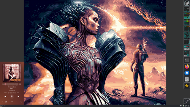A screenshot of a desktop. The wallpaper is a cyborg-looking lady in 16 colors. The environment is Windowmaker with dockapps running on the right side. Plexamp is running on the left side.