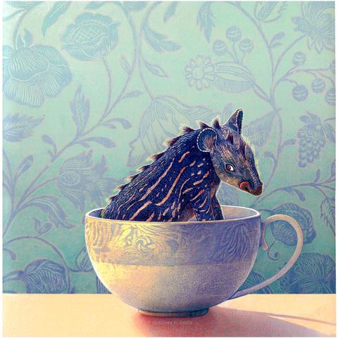 Against at wallpapered background of pale green, blue and pink flowers, sits a china teacup. Its occupant is a small blue, tapir-like creature glancing nervously at the viewer. Sunlight casts a gentle purple shadow on the bright golden tabletop. NOTE: This description created especially for my lovely blind friend, Georgiana. :-)