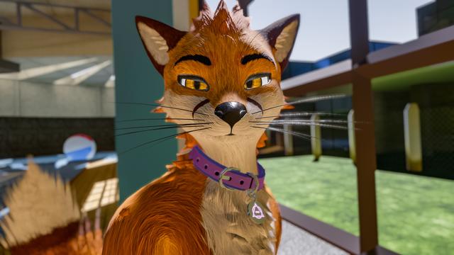 Photo taken in VRChat of my avatar staring at the viewer in a swimming pool world