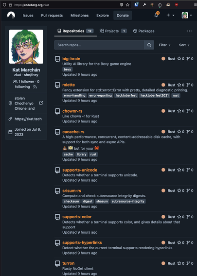 screenshot of zkat's profile page on codeberg.org showing a number of Rust projects, including miette.