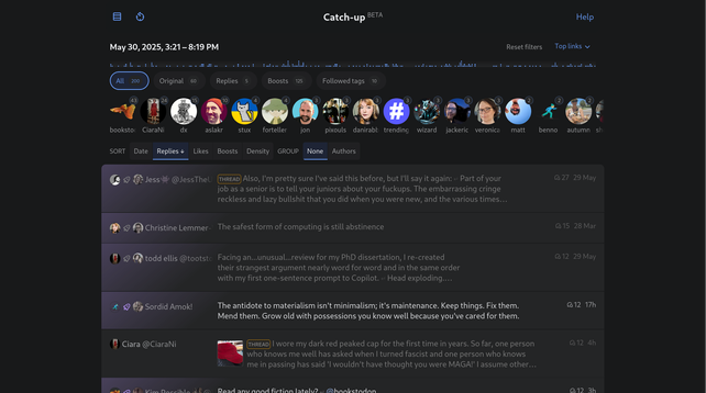 A screenshot of Catch-Up from Phanpy. There is too much to describe here, but its basically a bunch of filters at the top and mastodon content below.