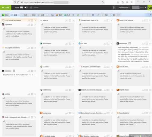 Captura de una pestaña de mi página de Netvibes en la que se ven los RSS de multitud de blogs, casi todos ellos "muertos", sin actualizaciones. Hay blogs como Fogonazos, Ion Litio, Oink!, Malaprensa o El Tamiz.