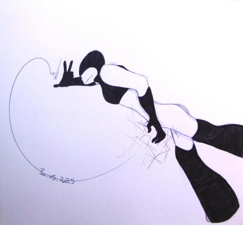 A woman in a black and white suit lunging forward.