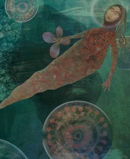 The Gentle Mermaid
Background of mostly green/teal washes of color. In the foreground, a rusty-orange colored mermaid gently floats by. Her body is decorated with swirling patterns. Eyes closed, with the touch of a smile, she dreams of peace. Around her, muted multi-colored bubbles surround her, filled with softly geometric circles and shapes. In one hand, she holds a four petaled flower.