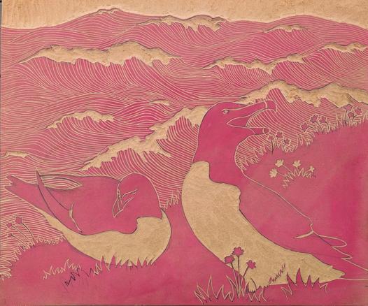 Woodcut of two razorbills up on a hill with grass overlooking the wild sea below. There's flowers in the grass. The wood is stained pink and you can see the wood colours below where the board has been carved