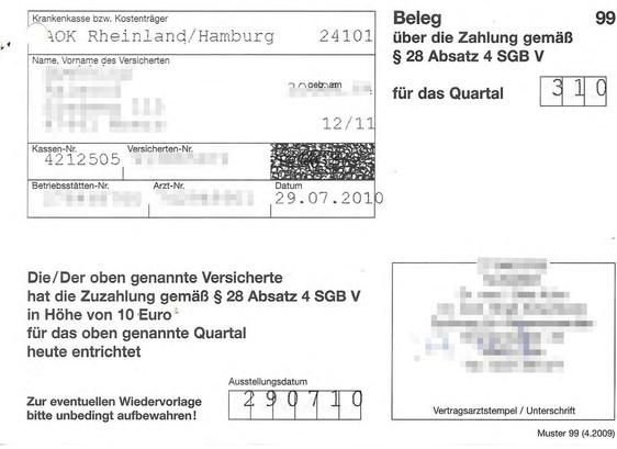 Scan der Quittung der Praxisgebühr.